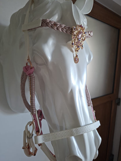 Bridon licol 3 en 1 blanc et rose en Biothane blanche et paracorde rose scintillante avec ornements rose