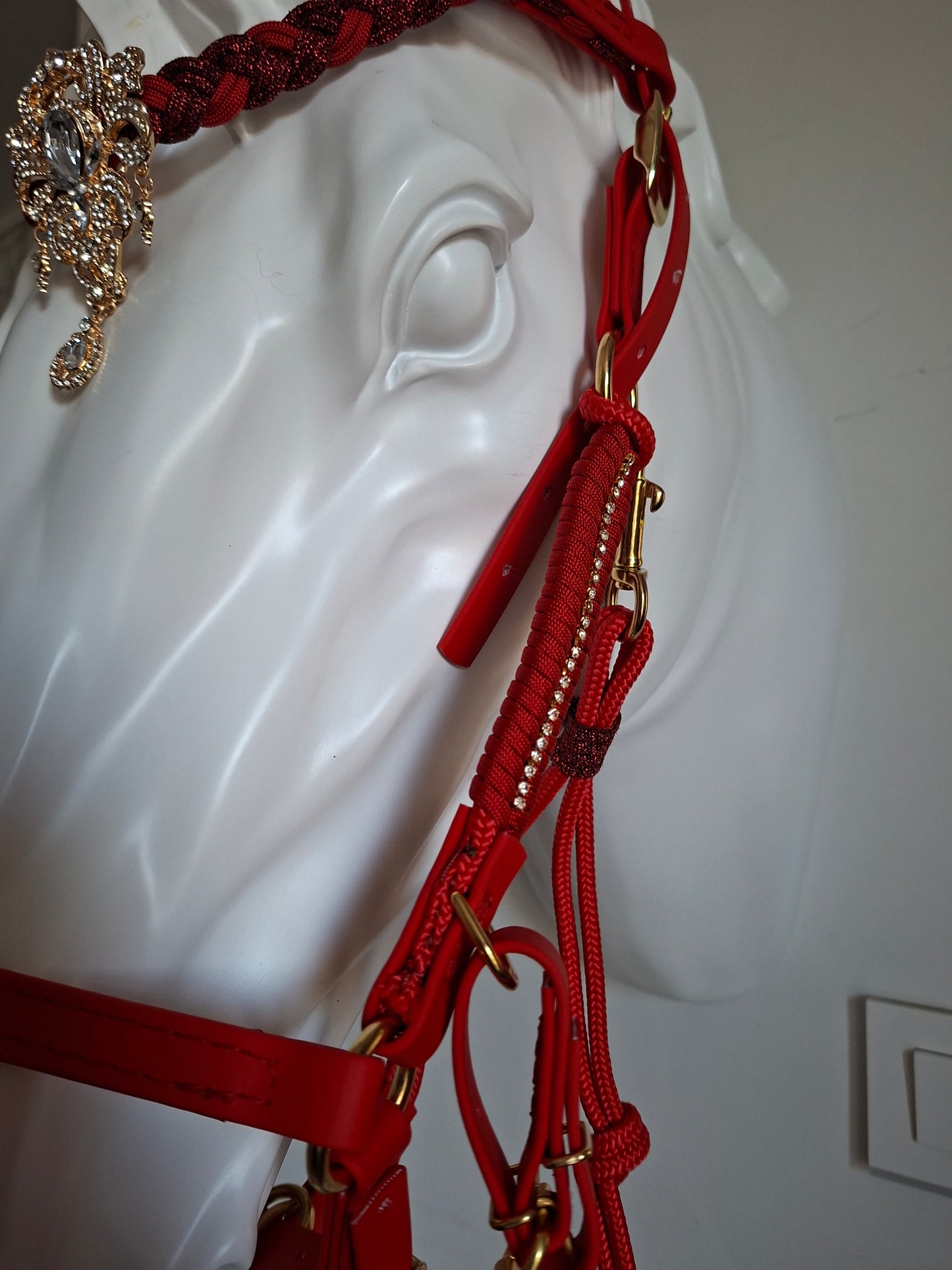 Bridon licol 3 en 1 rouge en Biothane et paracorde avec bouclerie laiton - modèle 2