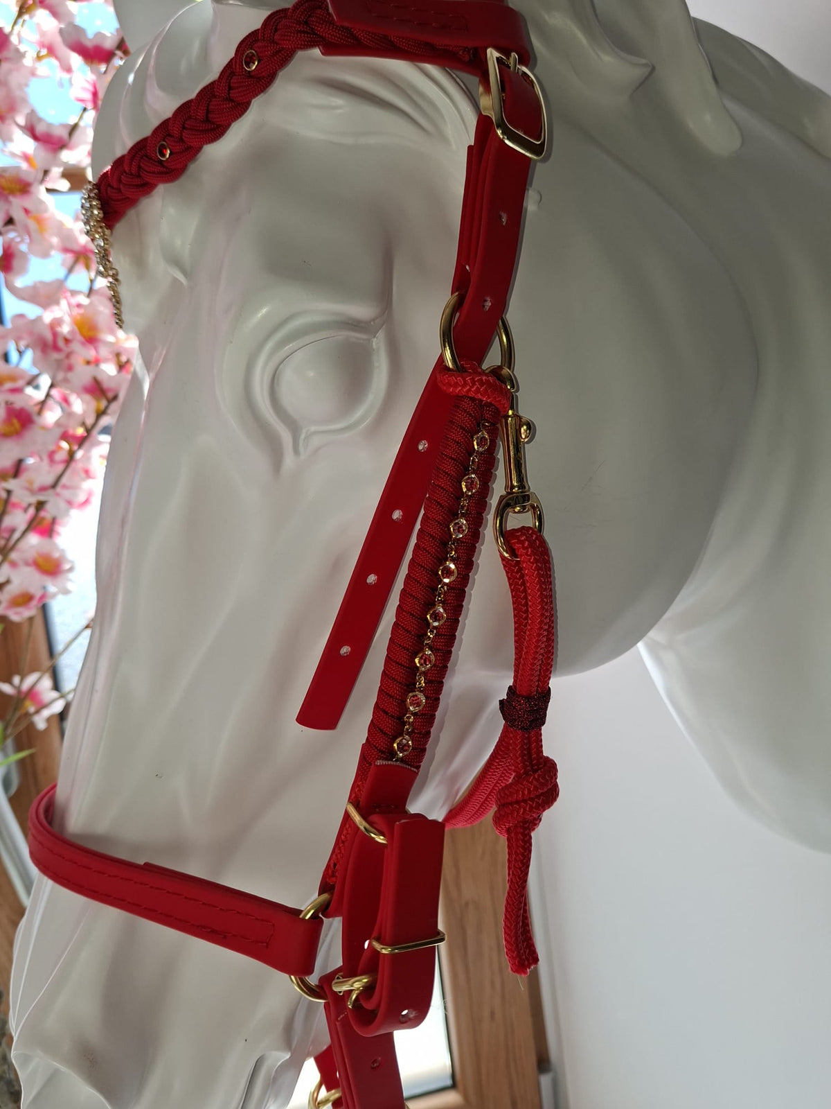 Bridon licol 3 en 1 rouge en Biothane et paracorde avec strass et bouclerie laiton